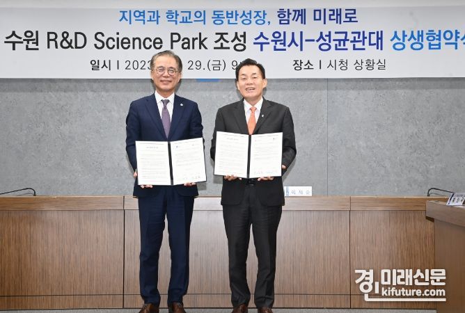 이재준 수원시장(오른쪽)과 유지범 성균관대 총장이 협약을 체결하고 함께하고 있다. <사진=수원시>