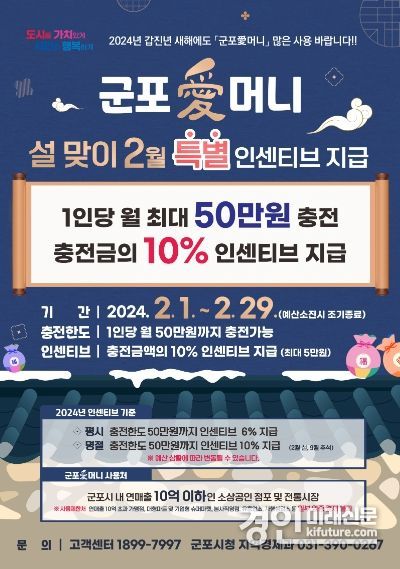 군포시 설맞아 군포愛머니 충전금의 10% 인센티브 지급 안내문. <사진=군포시>