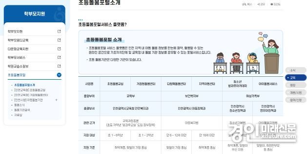 인천광역시교육청 초등돌봄포털 서비스 화면. <사진=인천시교육청>