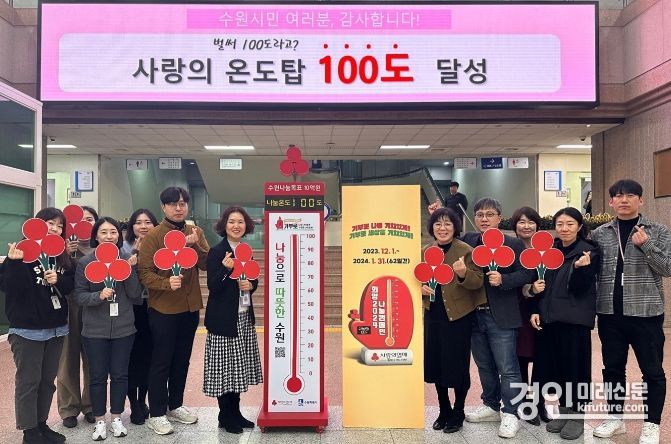 수원시 관계자들이 100℃ 가 된 사랑의온도탑 앞에서 기념촬영을 하고 있다. <사진=수원시>
