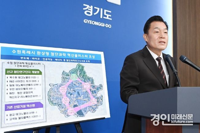 이재준 수원시장이 경기도청에서 열린 ‘북수원 테크노밸리 개발구상 발표’에서 수원시의 첨단과학 혁신클러스터 조성계획을 설명하고 있다. <사진=수원시>