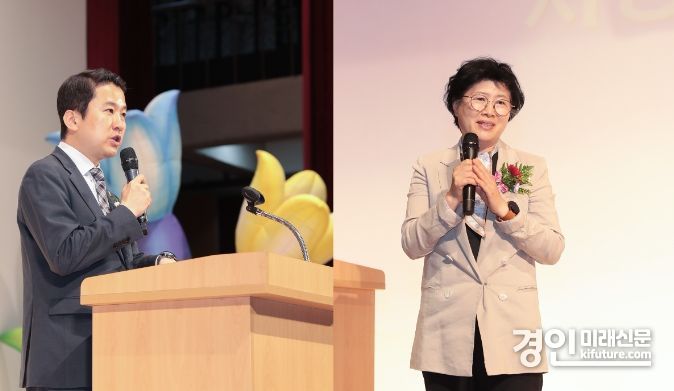 안산시의회 송바우나 의장(왼쪽)과 박은경 의회운영위원장이 13일 안산시 올림픽기념관에서 열린 ‘안산시어린이집연합회 제43회 스승의 날 기념 행사’에 참석해 축사를 하고 있다. <사진=안산시의회>